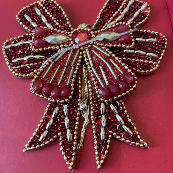 Sugarplum Dreams Beaded Bow Ornaments Set of 4 Holiday Red & Gold Glam New - Picture 12 of 13